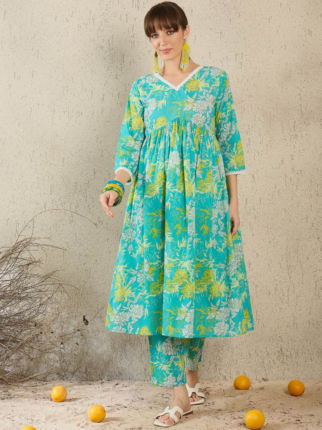 Dhiyona IE Women Printed V-Neck Cotton Top and Trousers Co-Ords