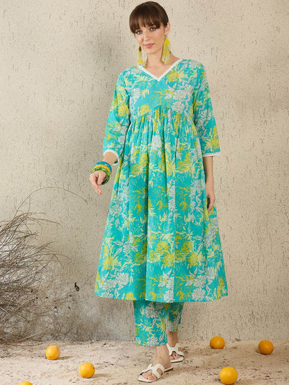 Dhiyona IE Women Printed V-Neck Cotton Top and Trousers Co-Ords