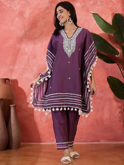 Dhiyona SN Women's Floral Embroidered Square Neck Mirror Work Kaftan Kurta With Trousers