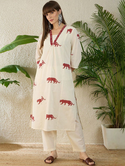 Dhiyona IE Printed V-Neck Three-Quarter Sleeves Pure Cotton Tunic And Trousers