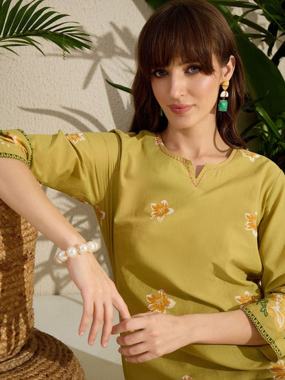 Dhiyona IE Printed Notch Neck Straight Pure Cotton Kurta With Pants