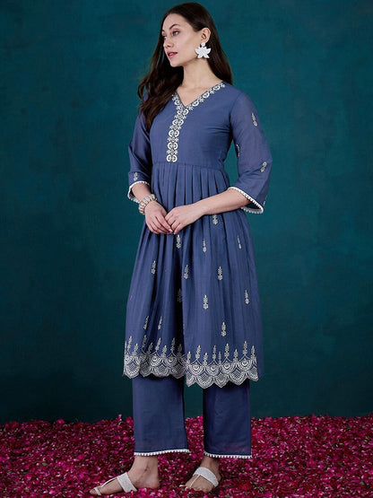 Dhiyona SN Women's Floral Embroidered V Neck Sequinned Pure Cotton Anarkali Kurta & Trousers