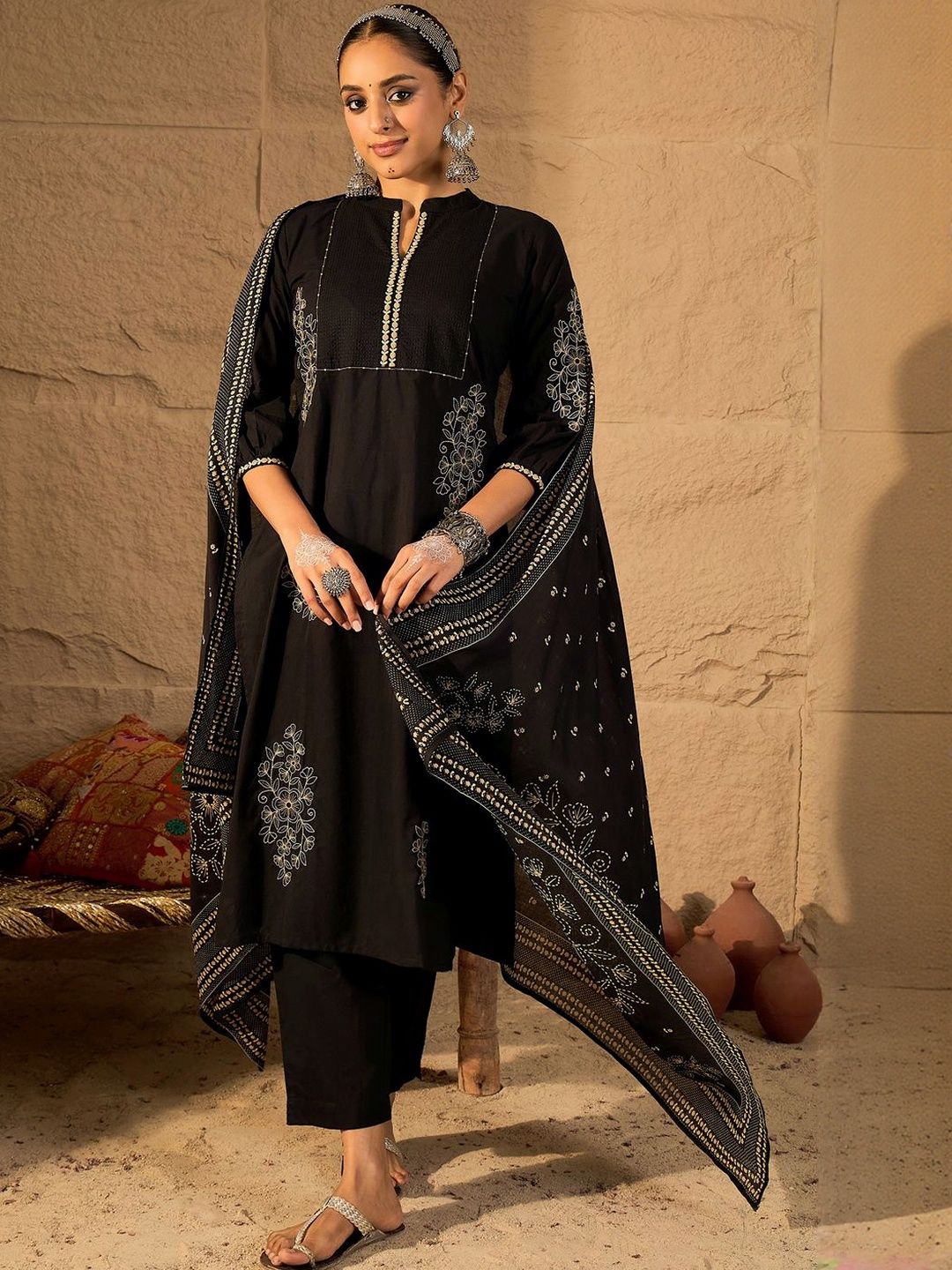 Women Ethnic Motifs Embroidered Cotton Kurta with Trousers & Dupatta