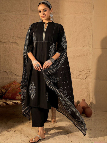 Women Ethnic Motifs Embroidered Cotton Kurta with Trousers & Dupatta