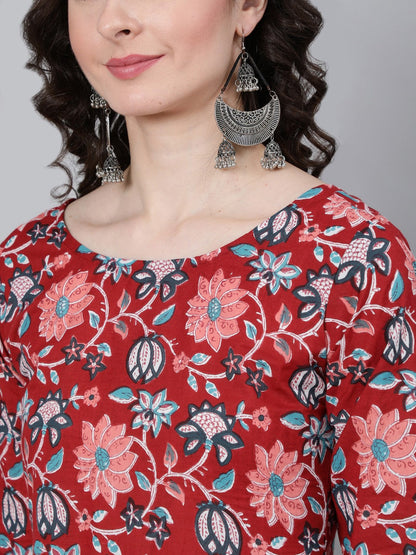 Women Viscose Floral Printed Red Kurta And Pant Set With Dupatta