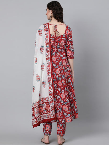 Women Viscose Floral Printed Red Kurta And Pant Set With Dupatta
