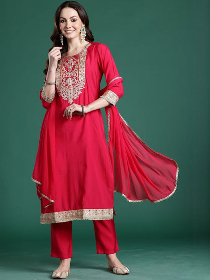 Ethnic Motifs Embroidered Zari Round Neck Straight Kurta With Trouser & Dupatta