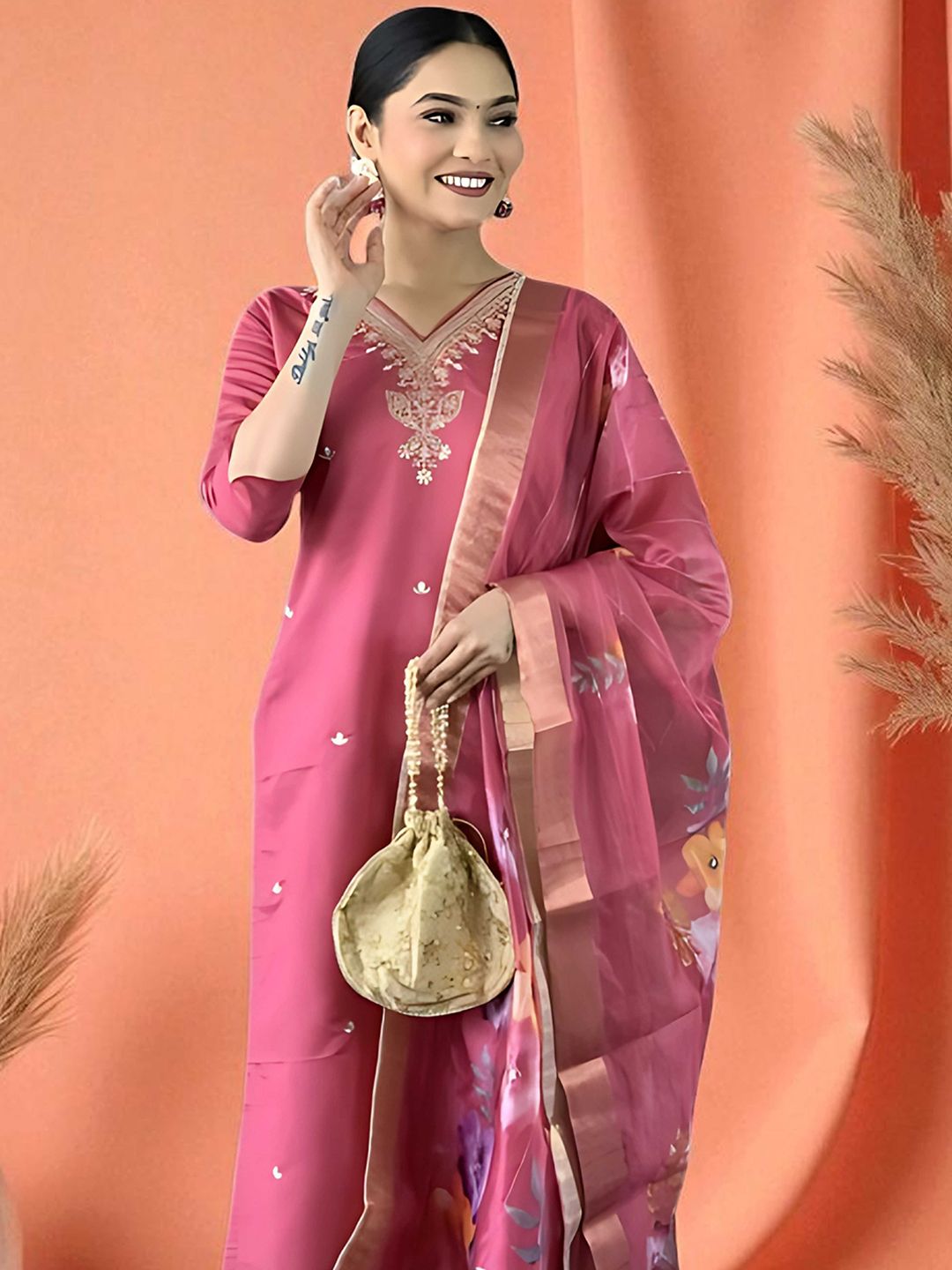 Dhiyona SN Women's Embroidered Pure Cotton Straight Kurta With Pyjama & Dupatta