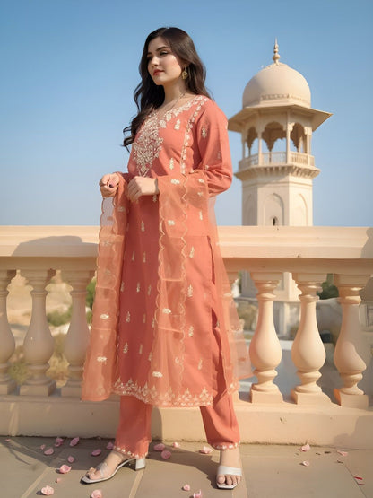Dhiyona IE Women's Floral Embroidered Thread Work Straight Kurta With Trousers & Dupatta