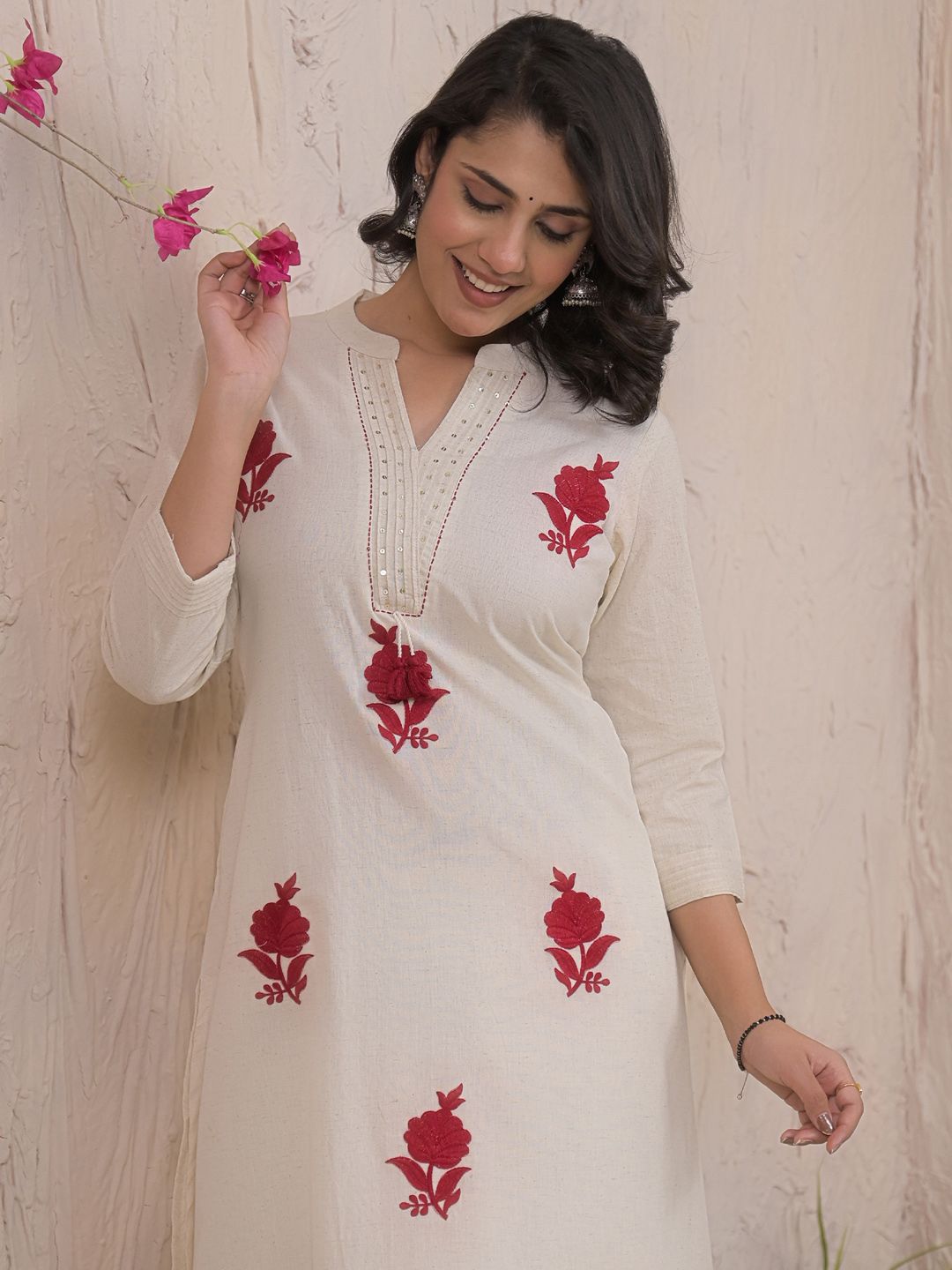 Dhiyona IE Floral Embroidered Thread Work Pure Cotton A-Line Kurta With Palazzos