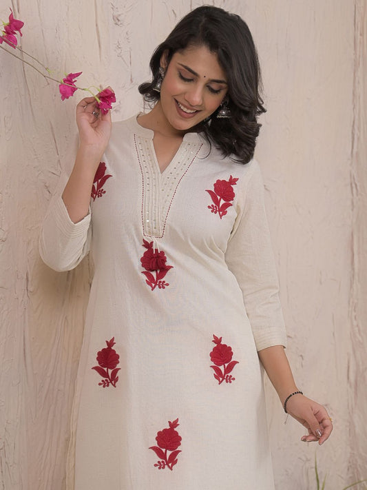 Floral Embroidered Thread Work Pure Cotton A-Line Kurta With Palazzos