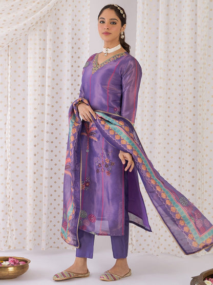 Dhiyona IE Floral Printed V-Neck Zari Straight Kurta With Trouser And Dupatta