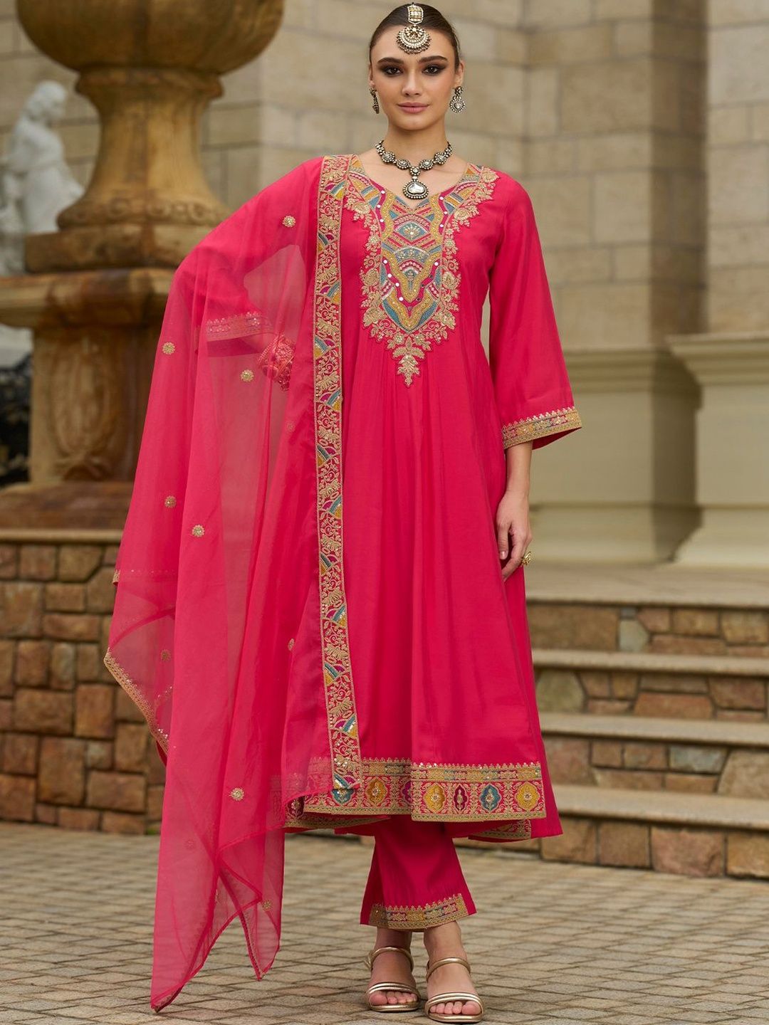 Dhiyona IE Women Geometric Embroidered A-Line Kurta with Trousers & Dupatta