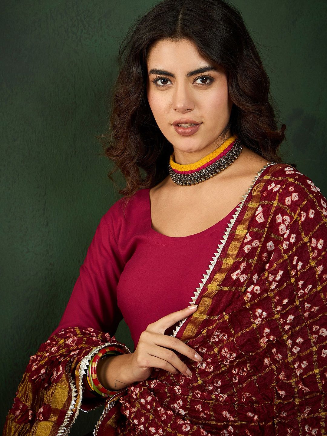 Dhiyona SN Women's Maroon Anarkali Kurta With Trousers & Bandhani Dupatta