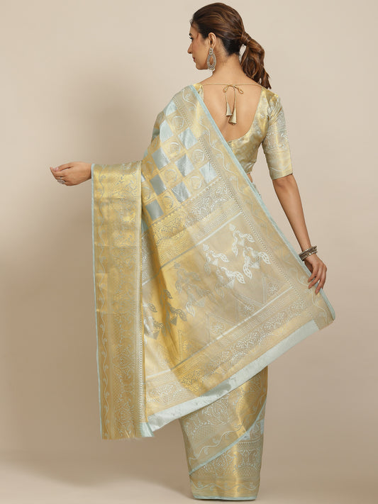 Dhiyona RV Women's Royal Banarasi Cotton Silk Zari Woven Saree with Matching Blouse ( KVD1696 )