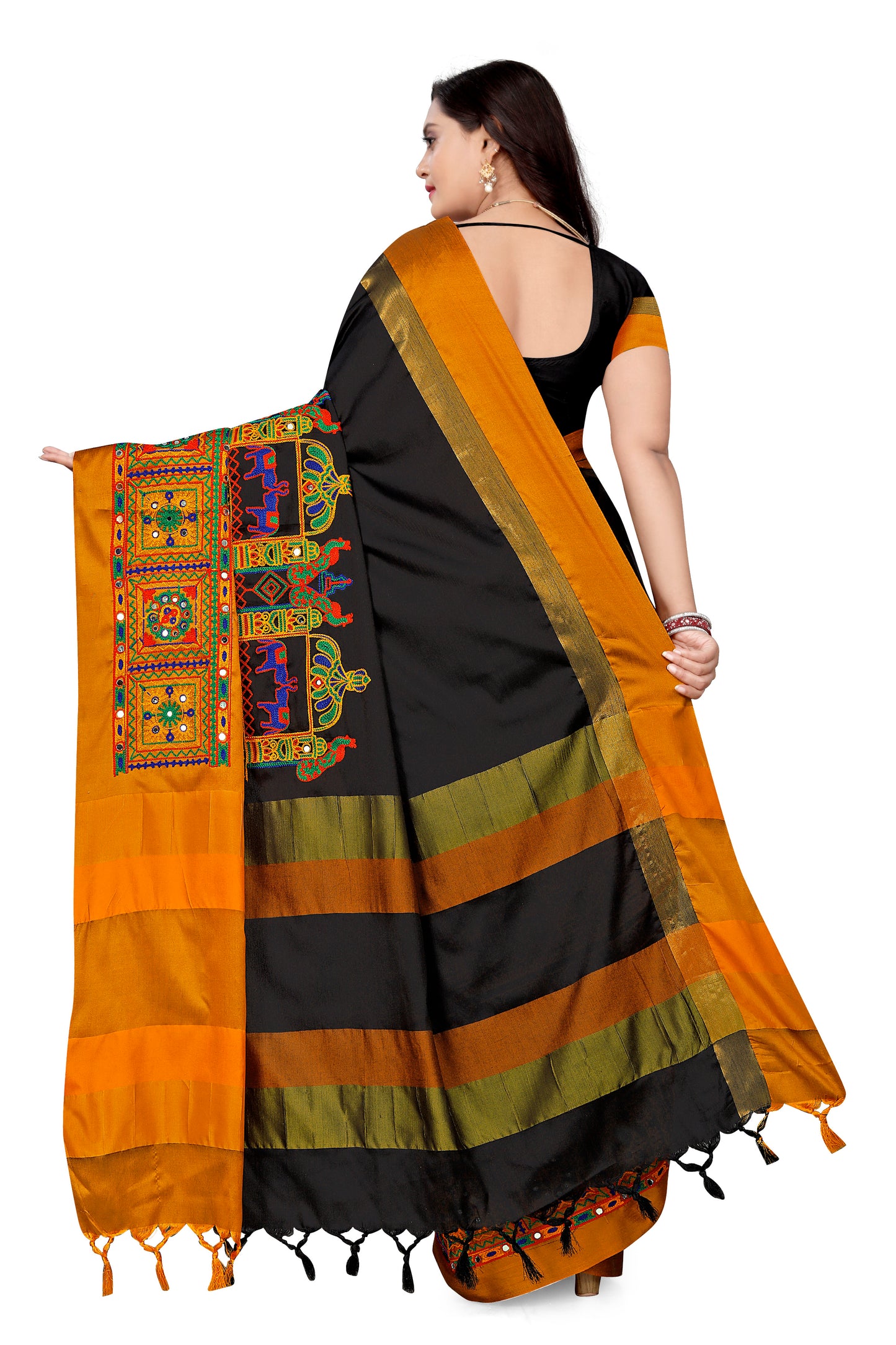 Dhiyona RV Women's Cotton Silk with Kutchi Embroidered Work Saree ( KVD1032 )