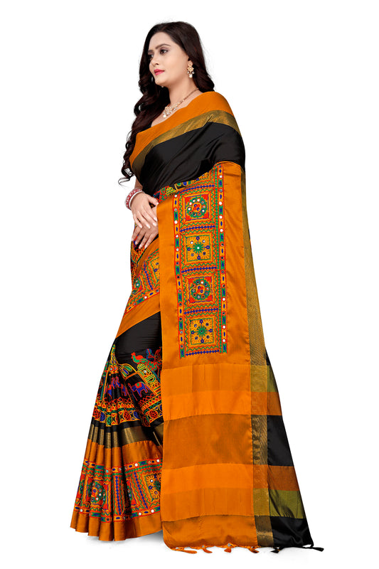 Dhiyona RV Women's Cotton Silk with Kutchi Embroidered Work Saree ( KVD1032 )
