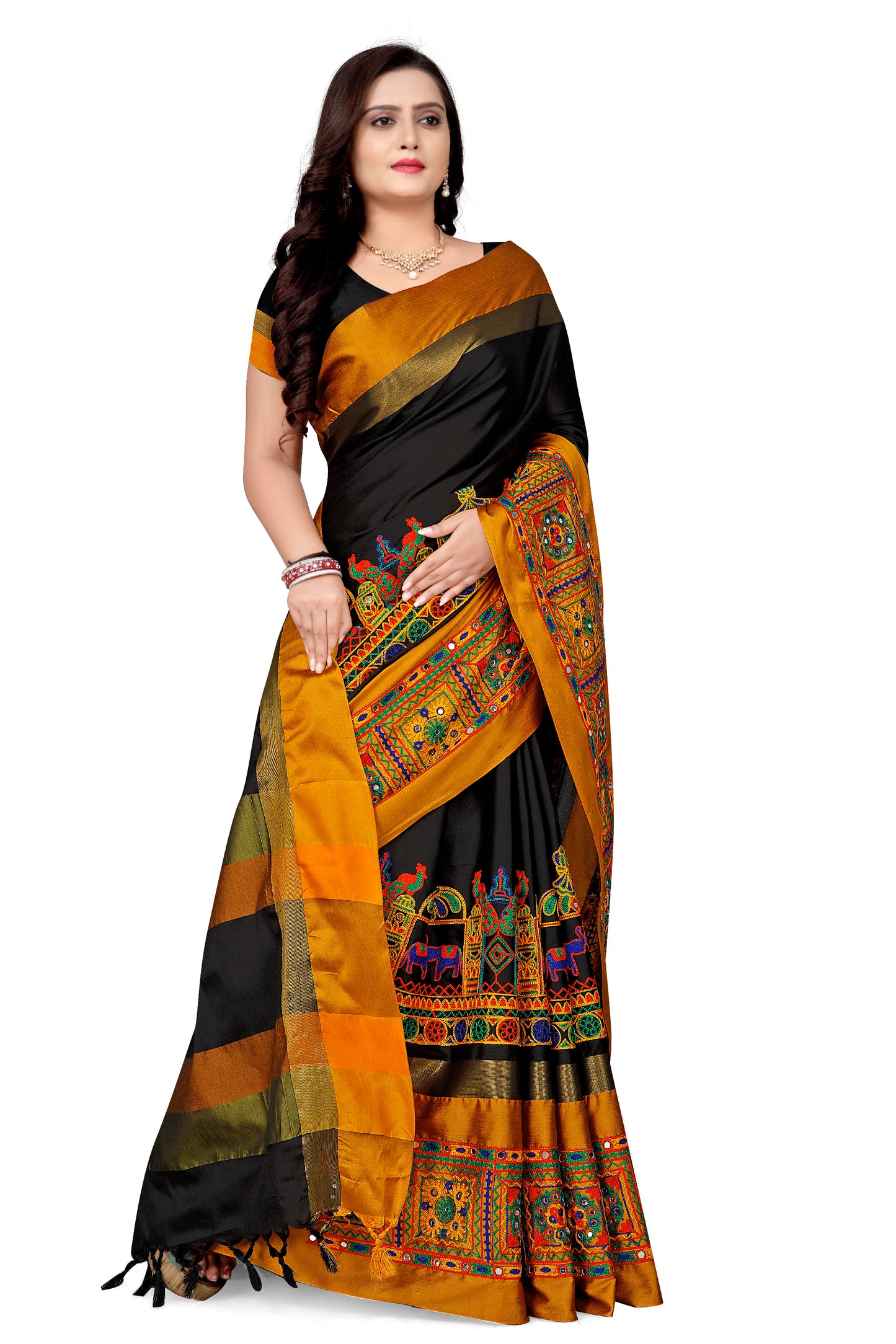Dhiyona RV Women's Cotton Silk with Kutchi Embroidered Work Saree ( KVD1032 )
