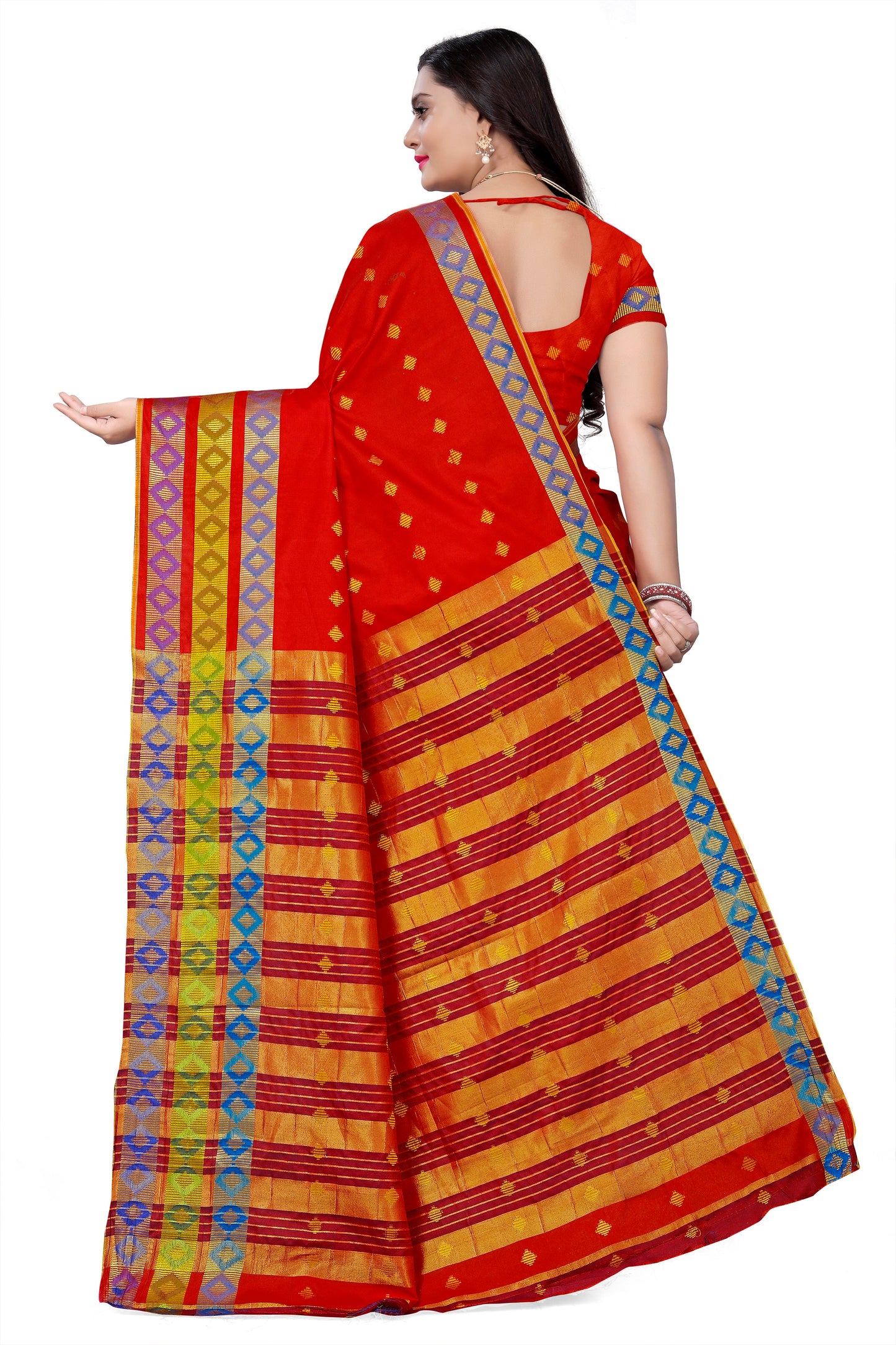 Dhiyona RV Women's Jacquard Cotton Silk Zari Butti And Heavy Lace Border Saree With Blouse ( KVD1052 )