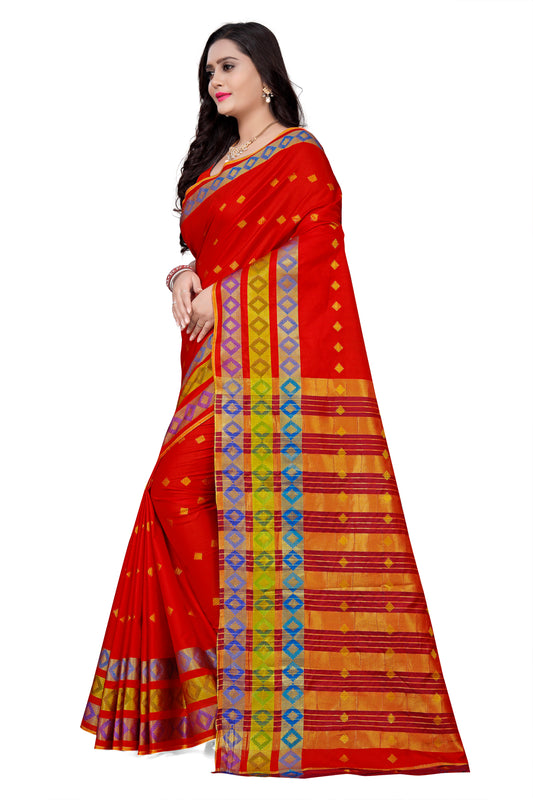 Dhiyona RV Women's Jacquard Cotton Silk Zari Butti And Heavy Lace Border Saree With Blouse ( KVD1052 )