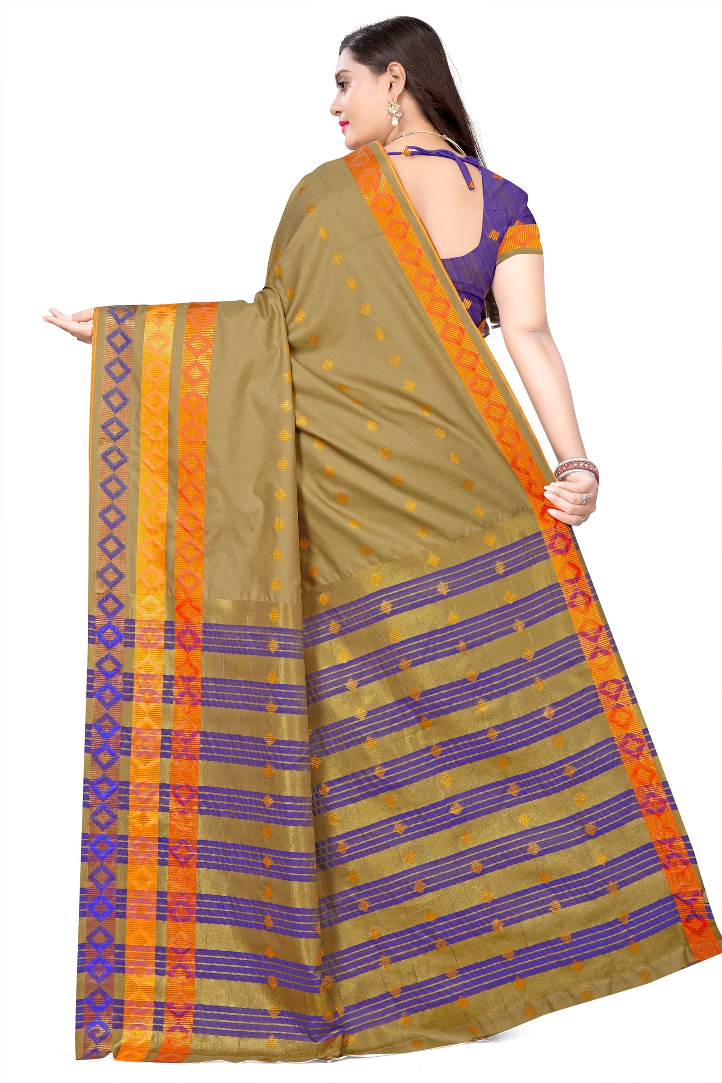 Dhiyona RV Women's Jacquard Cotton Silk Zari Butti And Heavy Lace Border Saree With Blouse ( KVD1053 )
