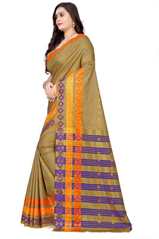 Dhiyona RV Women's Jacquard Cotton Silk Zari Butti And Heavy Lace Border Saree With Blouse ( KVD1053 )