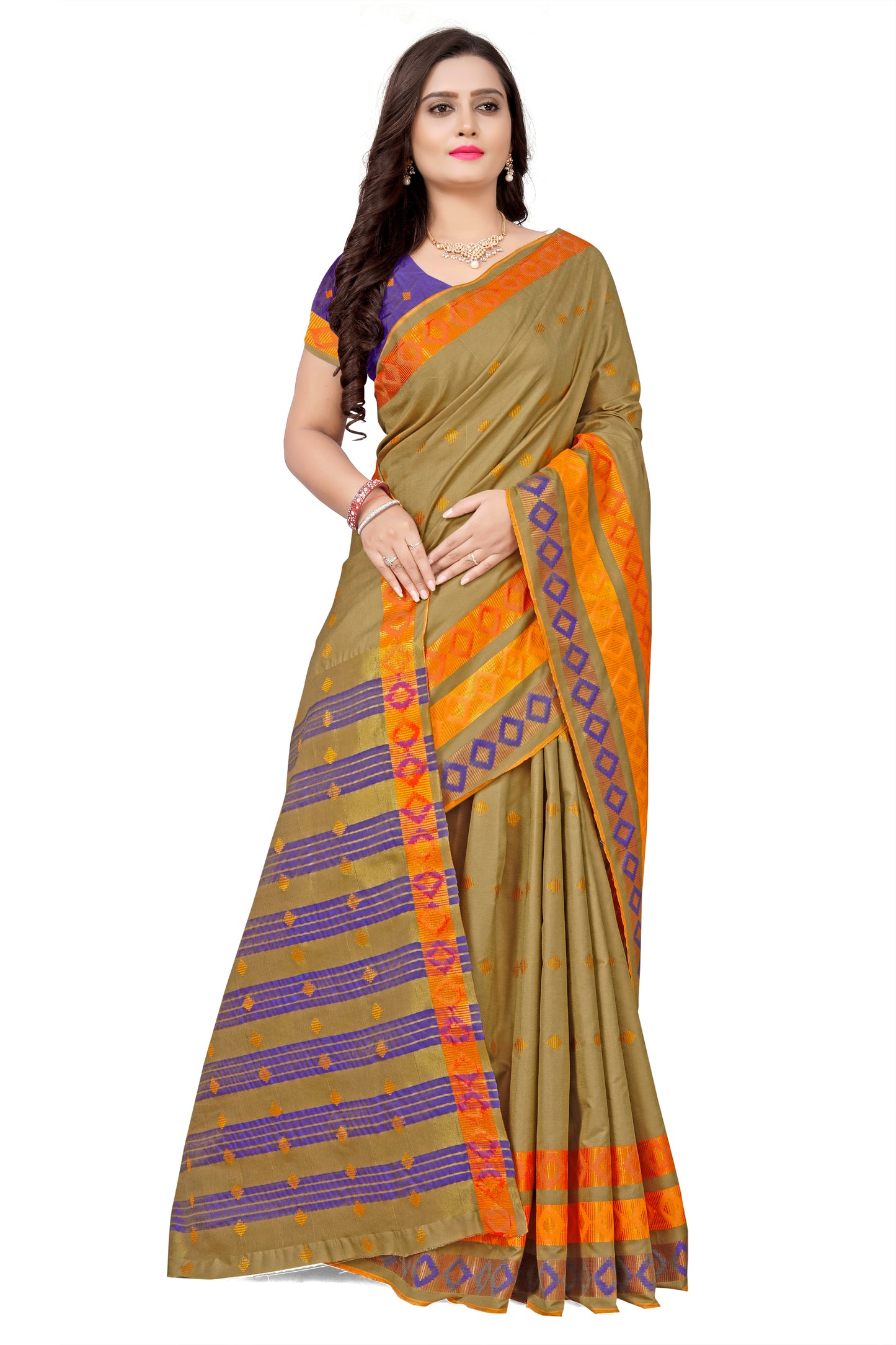 Dhiyona RV Women's Jacquard Cotton Silk Zari Butti And Heavy Lace Border Saree With Blouse ( KVD1053 )