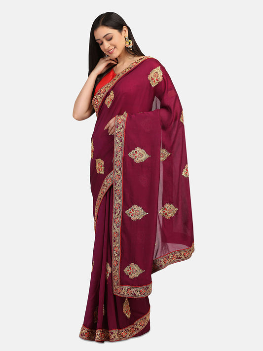 Dhiyona RV Women's Vichitra Silk With Cording Embroidery Work Exclusive Saree With Blouse ( KVD1058 )