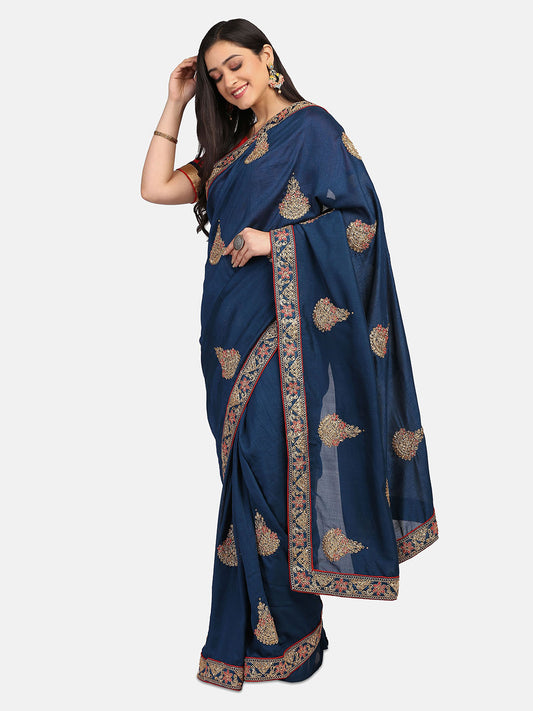 Dhiyona RV Women's Vichitra Silk With Cording Embroidery Work Exclusive Saree With Blouse ( KVD1059 )