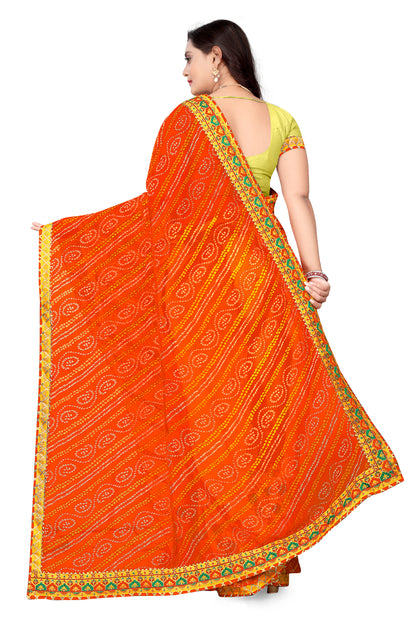 Dhiyona RV Women's Bandhani Georgette With Embroidery And Ruffle Saree With Blouse  ( KVD1061 )