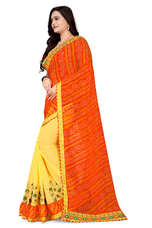 Dhiyona RV Women's Bandhani Georgette With Embroidery And Ruffle Saree With Blouse  ( KVD1061 )