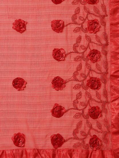 Dhiyona RV Women's Chiffon Fabric With Satin Ribbon Flower And Cording Emboirdered Saree With Blouse ( KVD1065 )