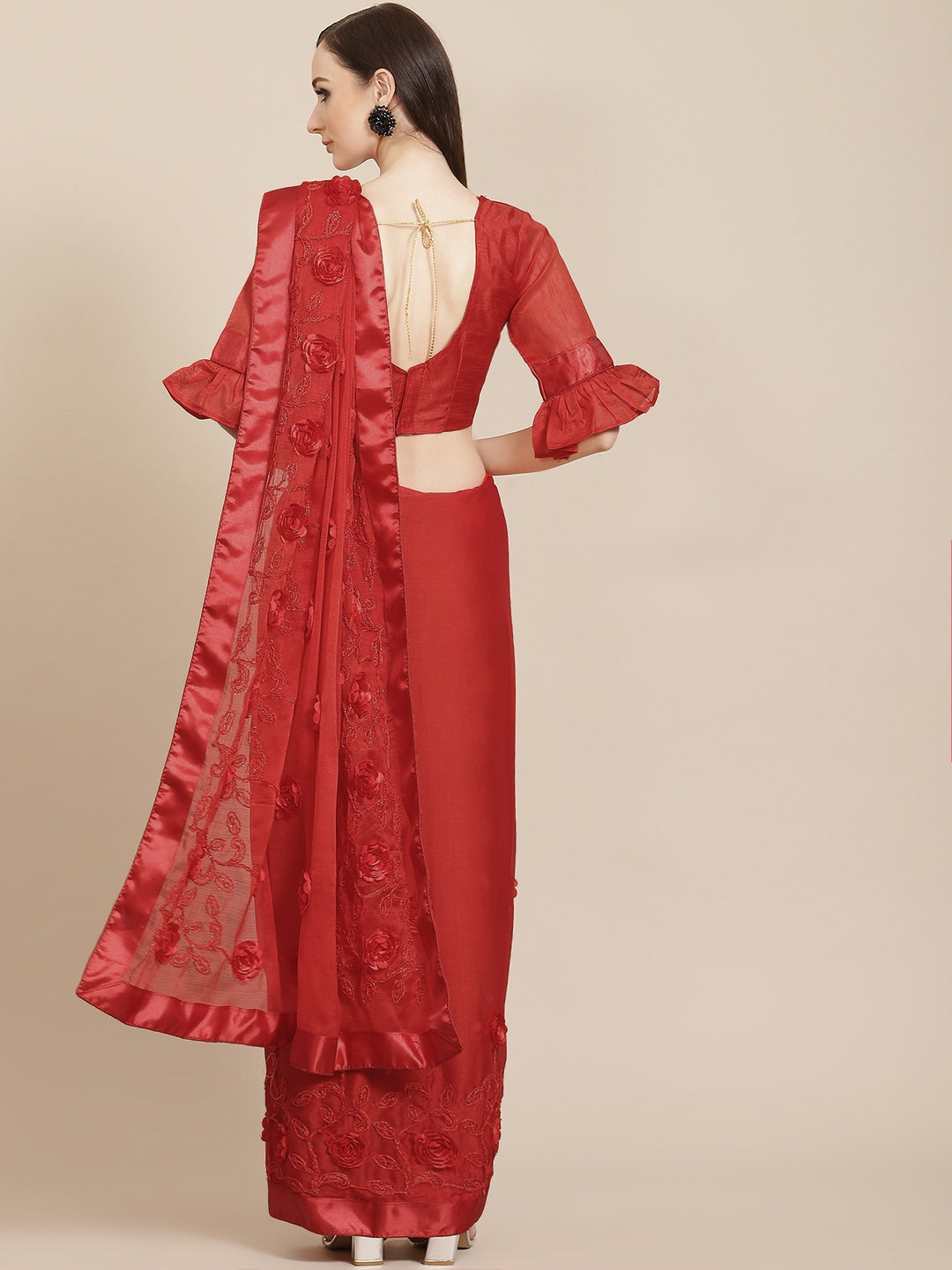 Dhiyona RV Women's Chiffon Fabric With Satin Ribbon Flower And Cording Emboirdered Saree With Blouse ( KVD1065 )