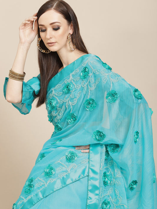 Dhiyona RV Women's Chiffon Fabric With Satin Ribbon Flower And Cording Emboirdered Saree With Blouse ( KVD1066 )
