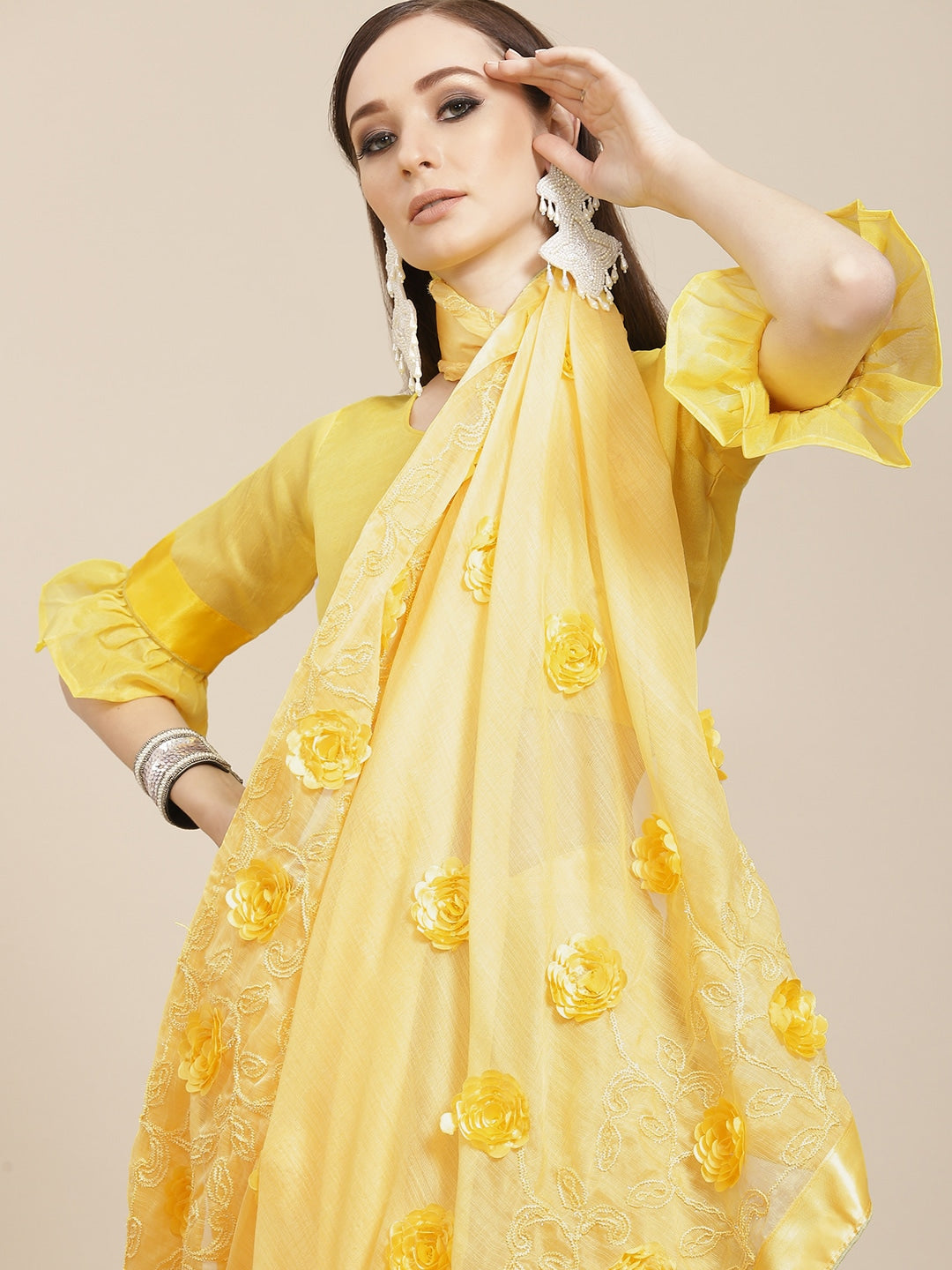 Dhiyona RV Women's Chiffon Fabric With Satin Ribbon Flower And Cording Emboirdered Saree With Blouse ( KVD1067 )