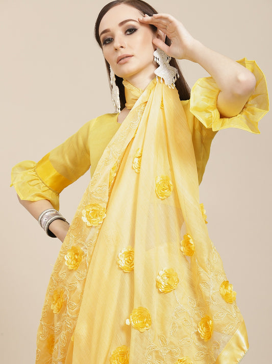 Dhiyona RV Women's Chiffon Fabric With Satin Ribbon Flower And Cording Emboirdered Saree With Blouse ( KVD1067 )
