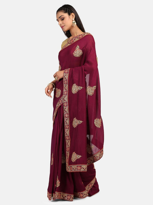 Dhiyona RV Women's Vichitra Silk With Cording Embroidery Work Exclusive Saree With Blouse ( KVD1077 )
