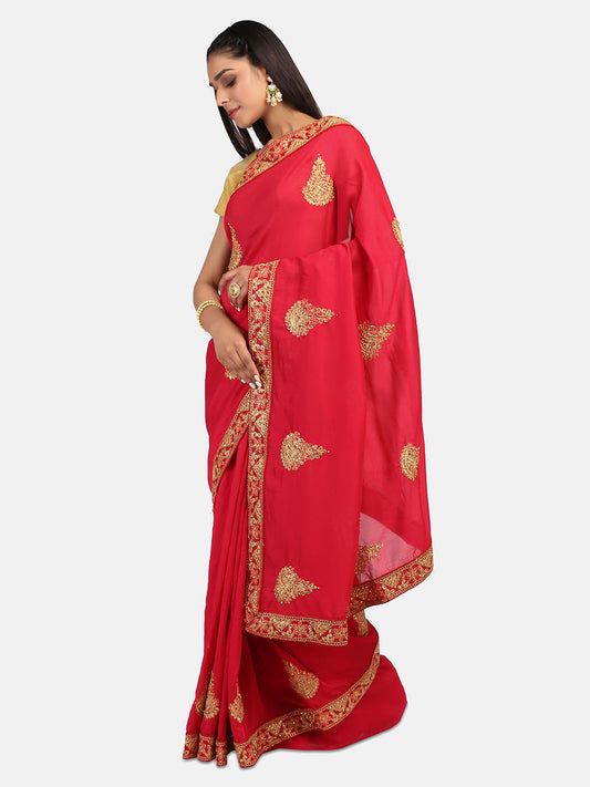 Dhiyona RV Women's Vichitra Silk With Cording Embroidery Work Exclusive Saree With Blouse ( KVD1078 )