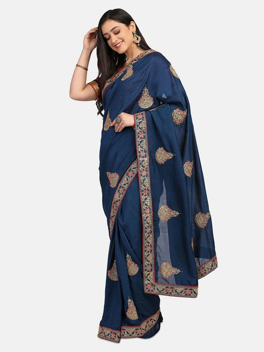 Dhiyona RV Women's Vichitra Silk With Cording Embroidery Work Exclusive Saree With Blouse ( KVD1080 )