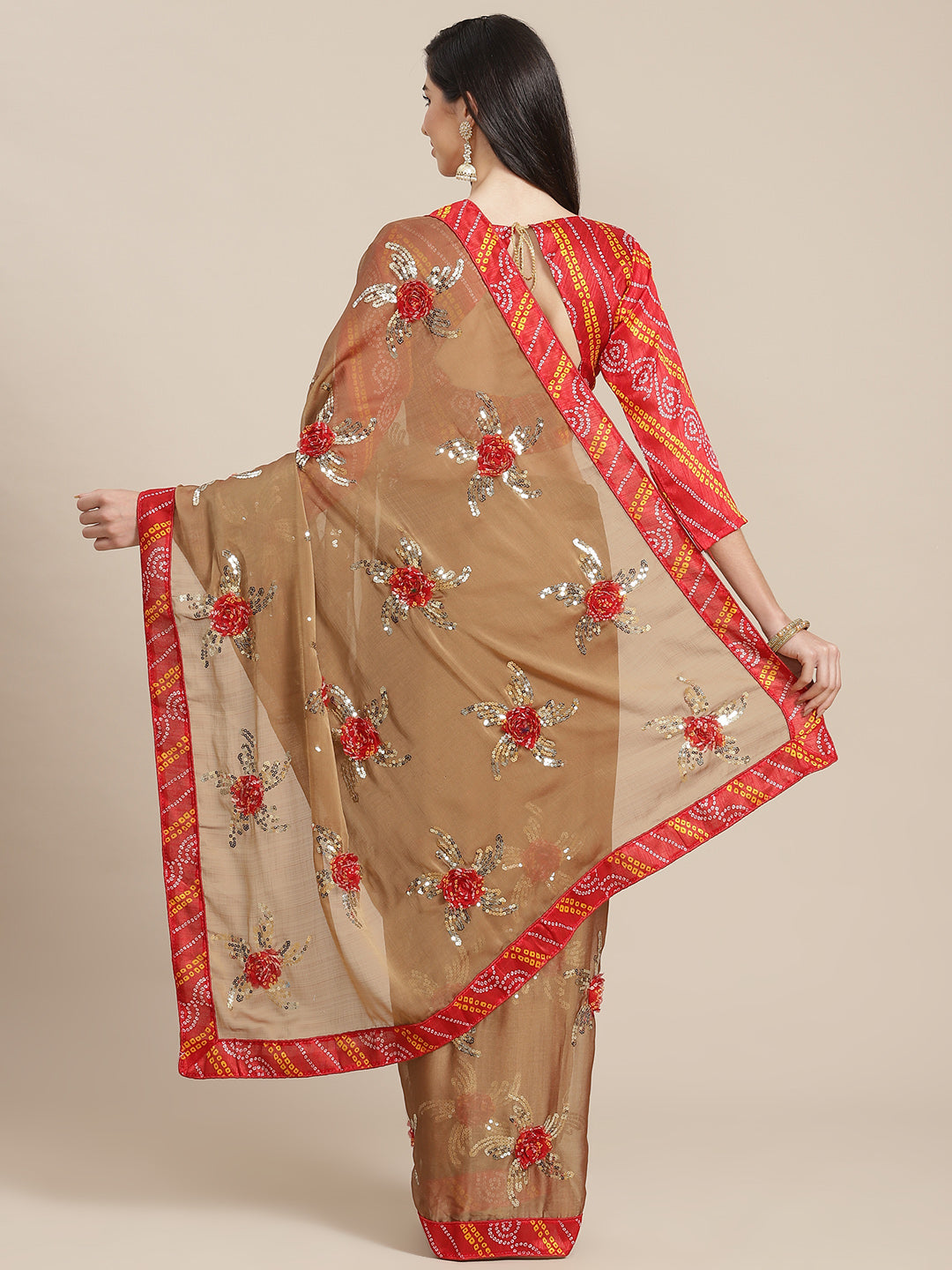 Dhiyona RV Women's Chiffon Saree With Sequine Embroidered Work And Bandhani Flowers. ( KVD1312 )