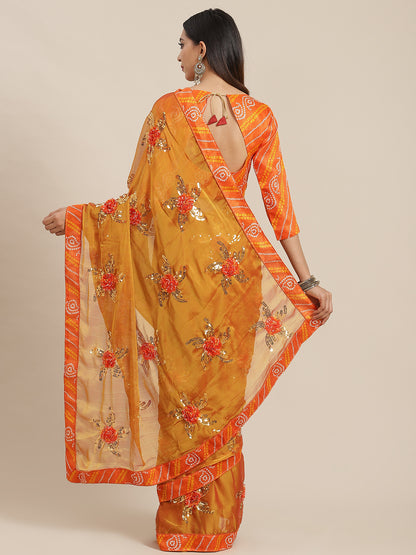 Dhiyona RV Women's Chiffon Saree With Sequine Embroidered Work And Bandhani Flowers. ( KVD1313 )