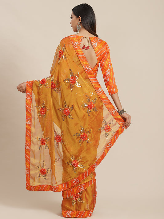 Dhiyona RV Women's Chiffon Saree With Sequine Embroidered Work And Bandhani Flowers. ( KVD1313 )