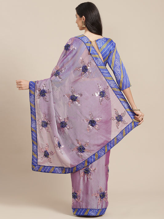 Dhiyona RV Women's Chiffon Saree With Sequine Embroidered Work And Bandhani Flowers. ( KVD1314 )