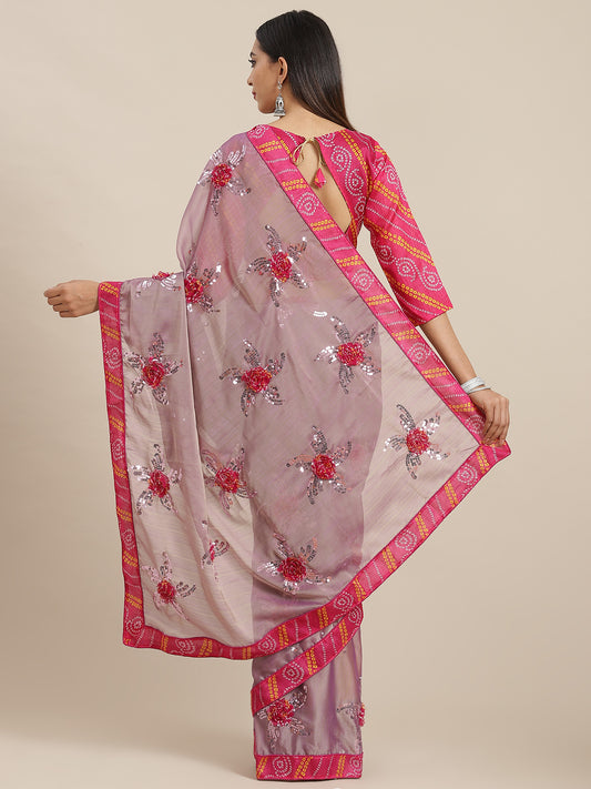 Dhiyona RV Women's Chiffon Saree With Sequine Embroidered Work And Bandhani Flowers. ( KVD1315 )