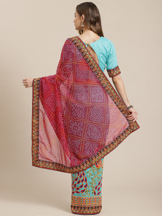 Dhiyona RV Women's Bandhani Georgette And Vichitra Silk With Thread Embroidery Saree ( KVD1413 )