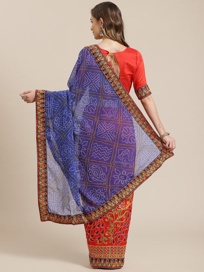 Dhiyona RV Women's Bandhani Georgette And Vichitra Silk With Thread Embroidery Saree ( KVD1414 )