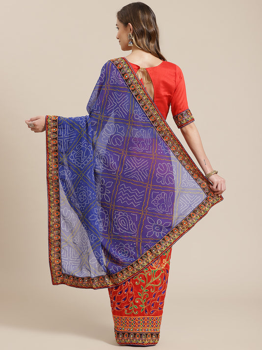 Dhiyona RV Women's Bandhani Georgette And Vichitra Silk With Thread Embroidery Saree ( KVD1414 )