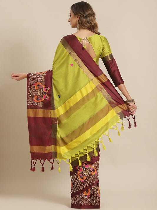 Dhiyona RV Women's Designer Traditional Embroidered Cotton Silk Saree With Blouse ( KVD1449 )