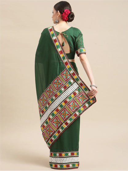 Dhiyona RV Women's Shiny Vichitra Multi Color Thread Kutchi Embroidery Saree With Blouse ( KVD1465 )