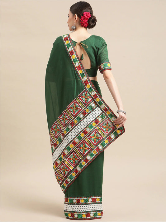 Dhiyona RV Women's Shiny Vichitra Multi Color Thread Kutchi Embroidery Saree With Blouse ( KVD1465 )